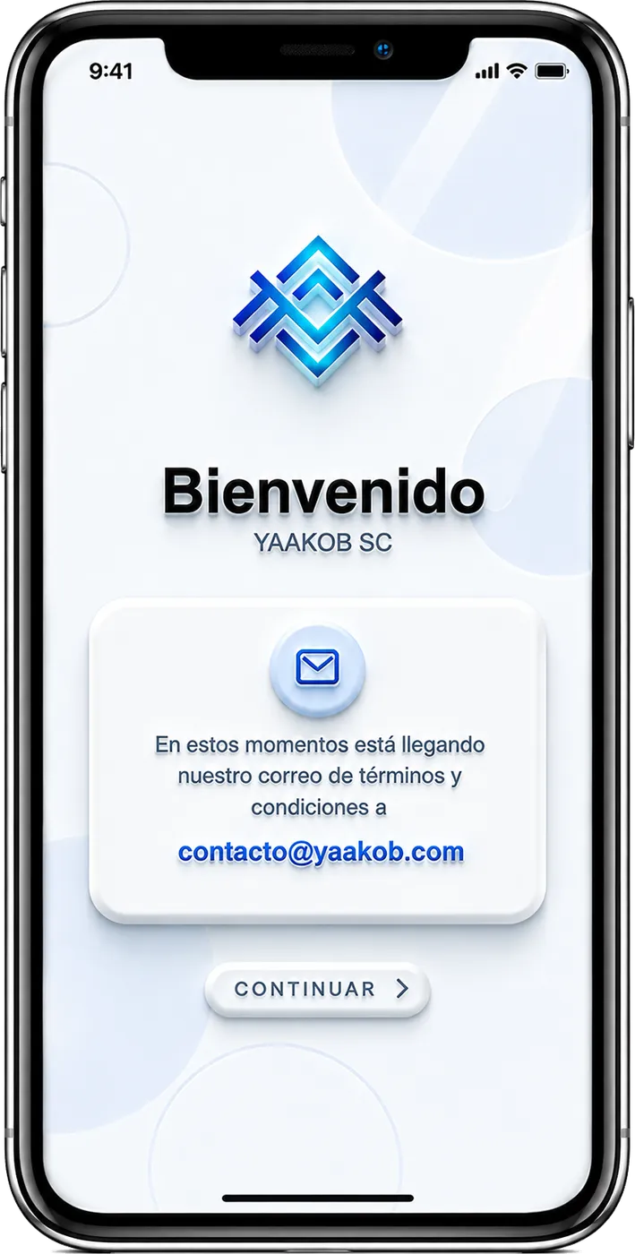 Pantalla de bienvenida con el envío de términos y condiciones