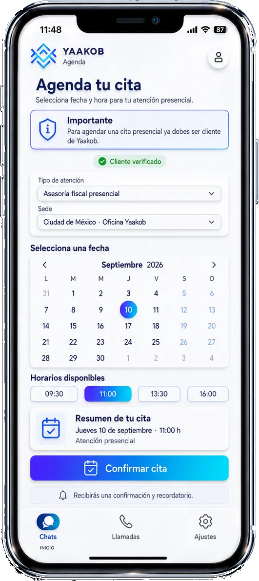 Agenda de citas presenciales con calendario y horarios